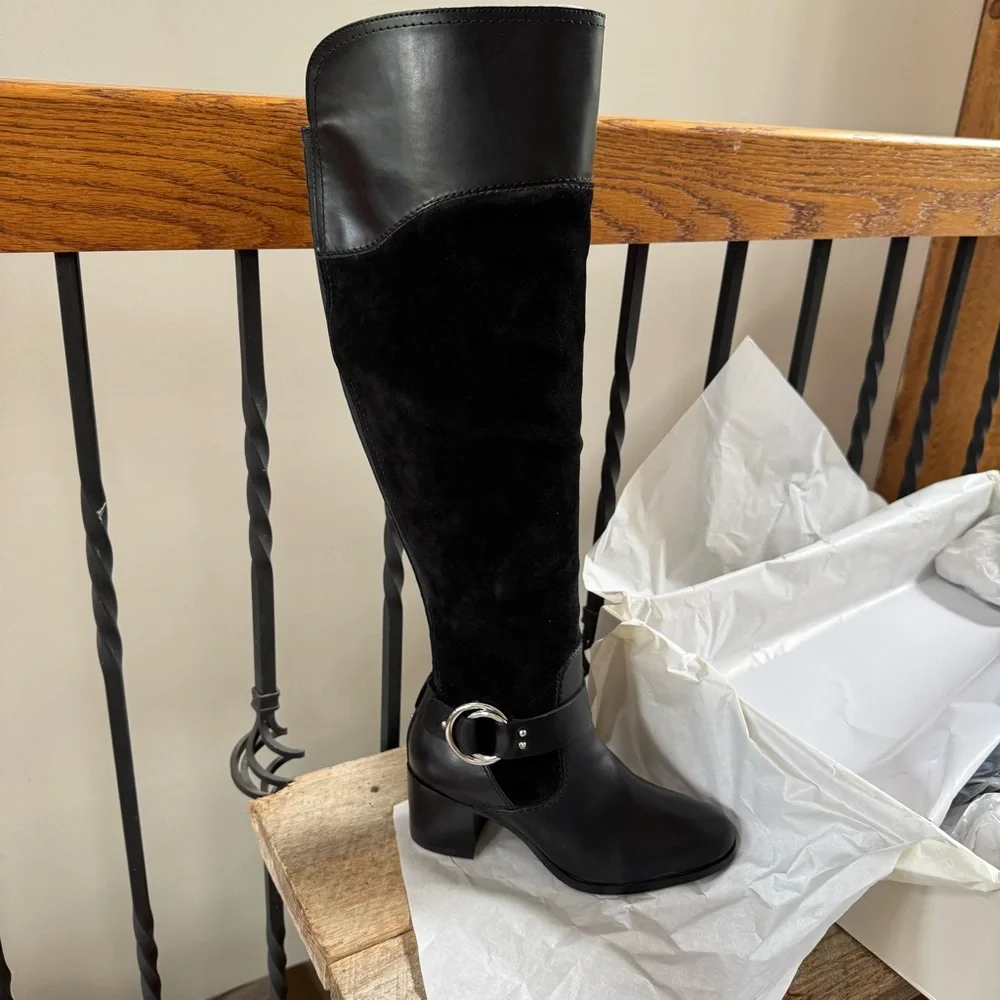 Black Knee-High Leather & Suede Riding Boots